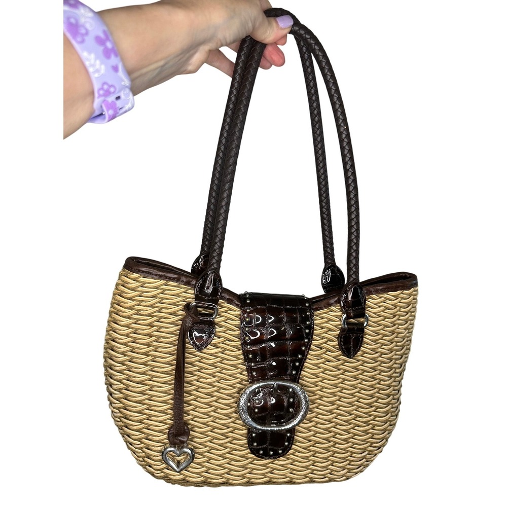 Brighton Straw Woven Tote Bag Brown Leather Trim Crocodile Accent Heart Charm